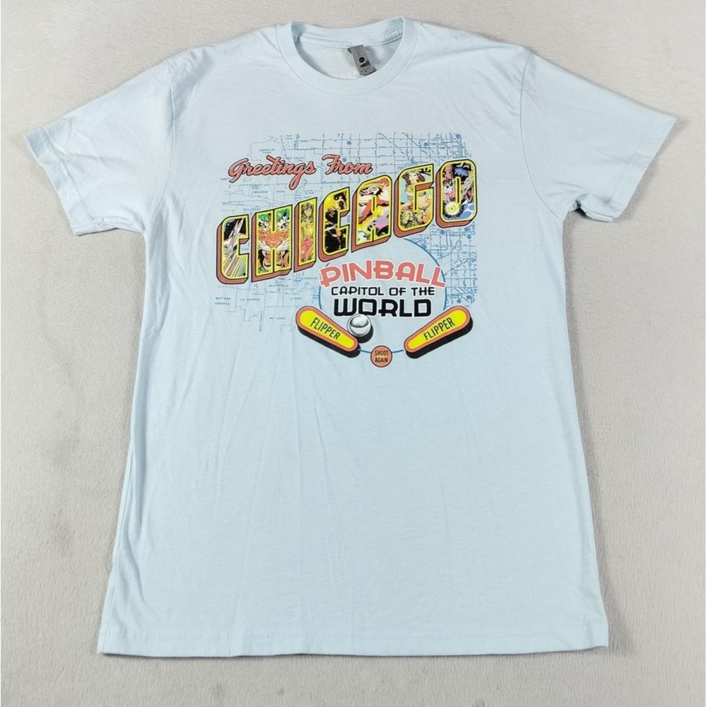 Chicago Pinball Shirt Mens Small Blue Greetings From Graphic Tee Travel Souvenir
